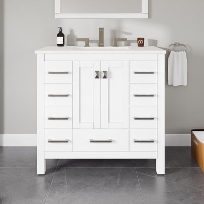 Hampton 36 in. White Single Sink Bath Vanity with Carrara Quartz Top and Undermount Porcelain Sink