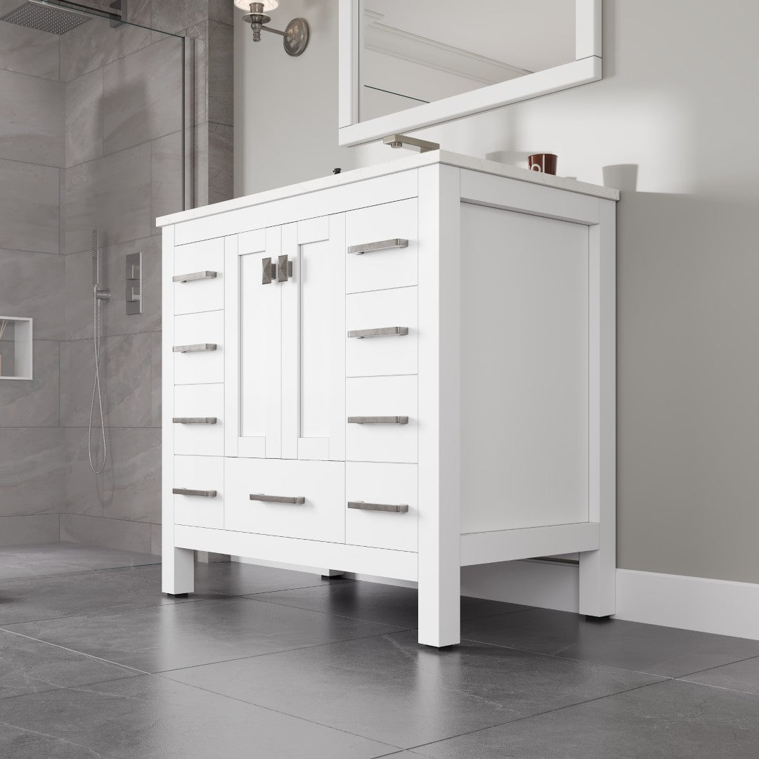 Hampton 36 in. White Single Sink Bath Vanity with Carrara Quartz Top and Undermount Porcelain Sink