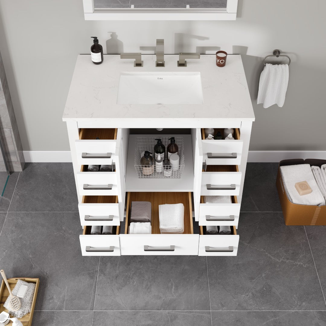 Hampton 36 in. White Single Sink Bath Vanity with Carrara Quartz Top and Undermount Porcelain Sink