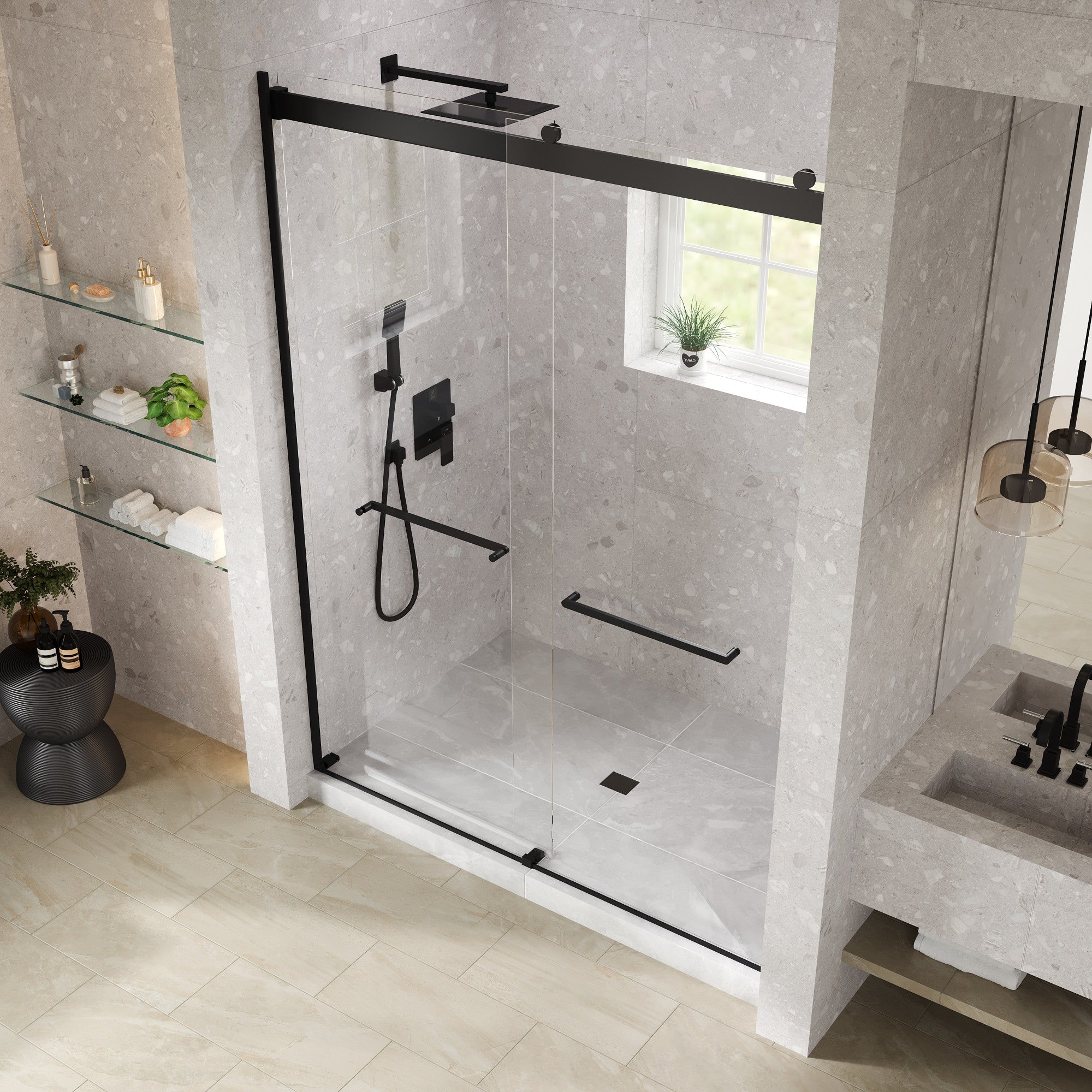 Eviva Glide 60 in. W x 78 in. H Sliding Frameless Shower Door in Matte Black with Tempered Glass