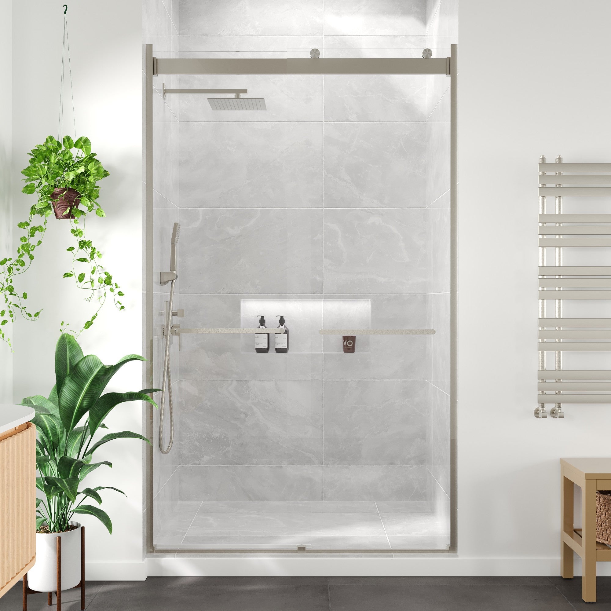 Eviva Orbit 48 in. W x 78 in. H Sliding Frameless Shower Door in Brushed Nickel with Tempered Glass