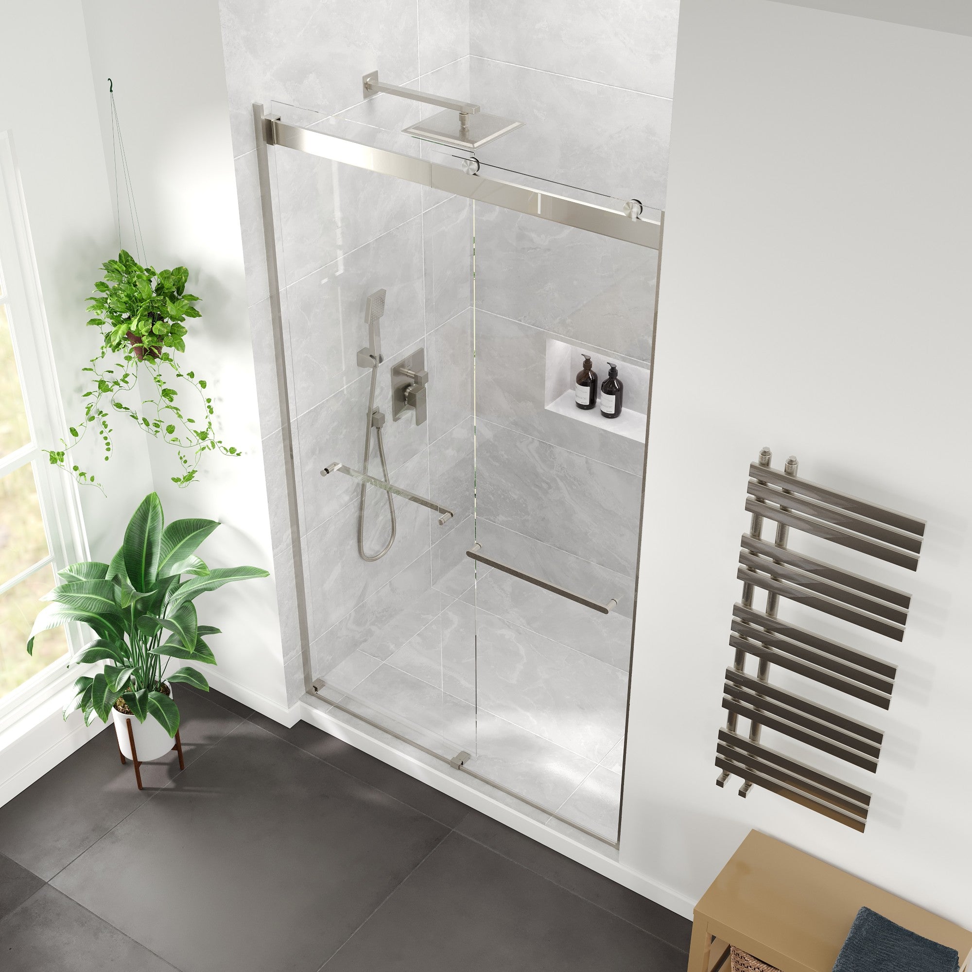 Eviva Orbit 48 in. W x 78 in. H Sliding Frameless Shower Door in Brushed Nickel with Tempered Glass