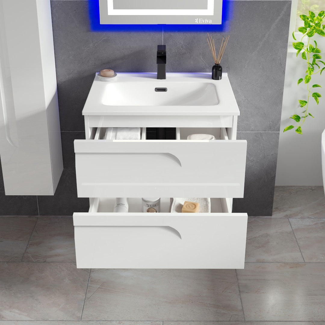 Joy 28 in. White  Wall Mount Single Sink Bath Vanity with Porcelain Top and Integrated Sink