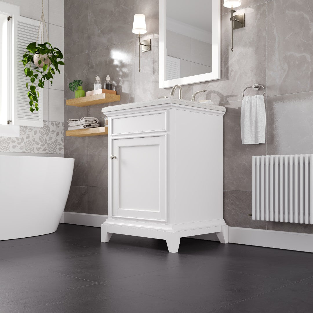Elite Stamford 24 in. White Single Sink Bath Vanity with Carrara Quartz Top and Undermount Porcelain Sink