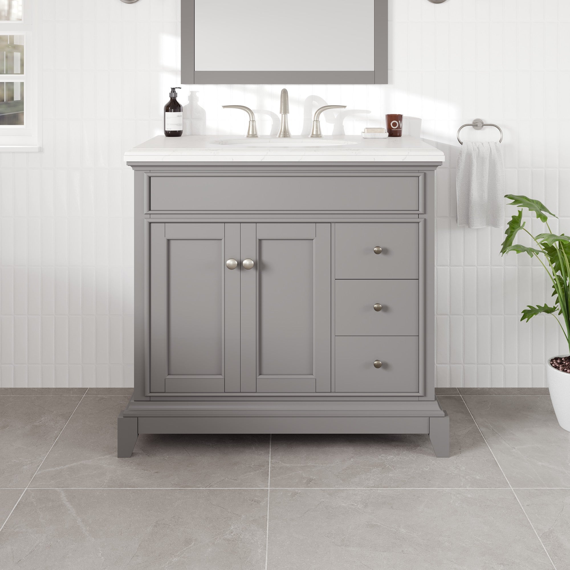Elite Stamford 36 in. Gray Single Sink Bath Vanity with Carrara Quartz Top and Undermount Porcelain Sink