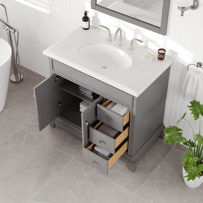 Elite Stamford 36 in. Gray Single Sink Bath Vanity with Carrara Quartz Top and Undermount Porcelain Sink