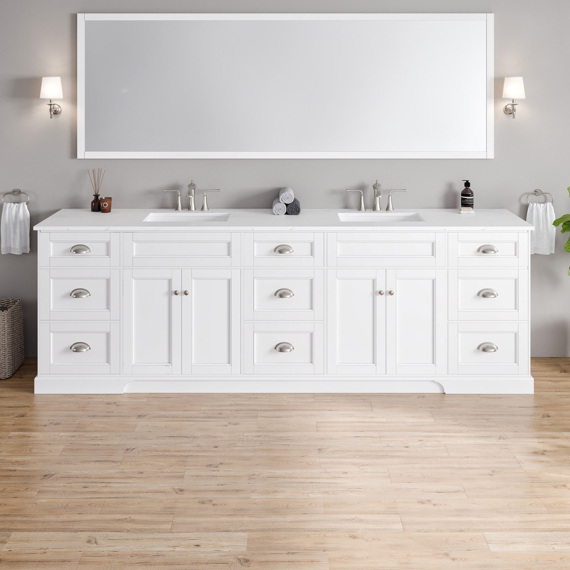 Epic 100 in. White Double Sink Bath Vanity with Carrara Quartz Top and Undermount Porcelain Sinks