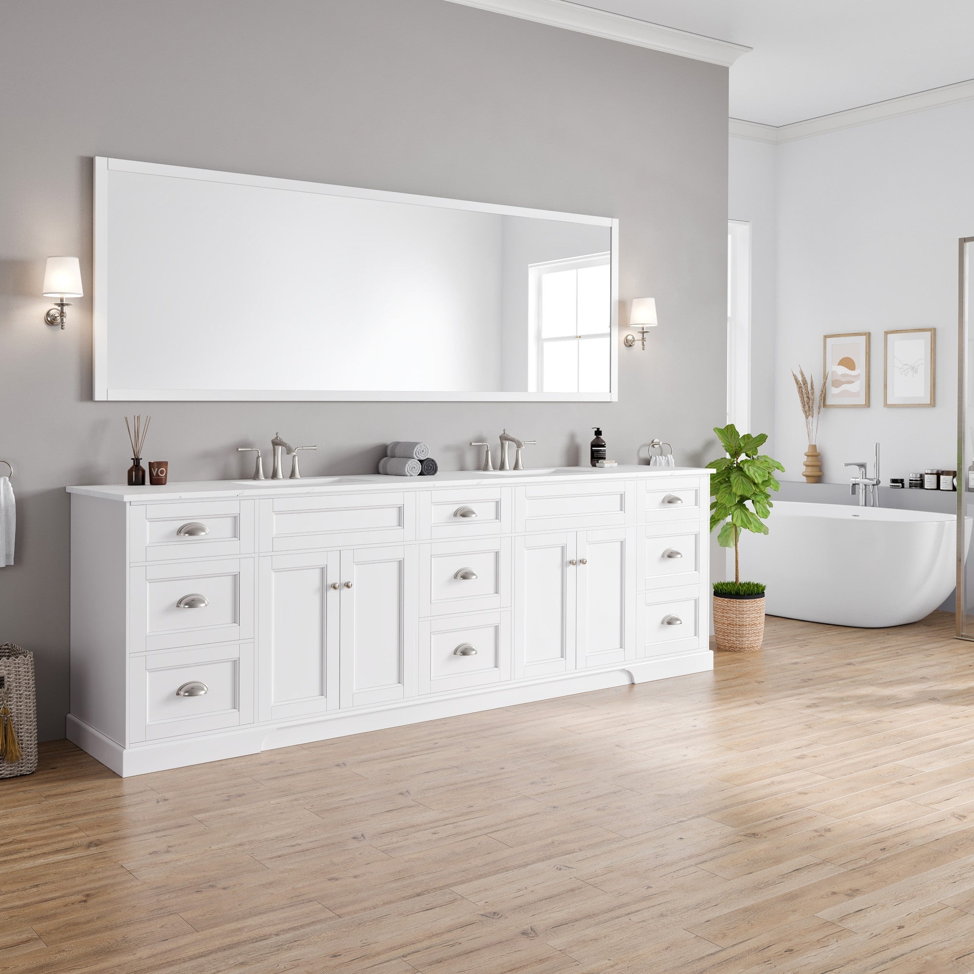 Epic 100 in. White Double Sink Bath Vanity with Carrara Quartz Top and Undermount Porcelain Sinks