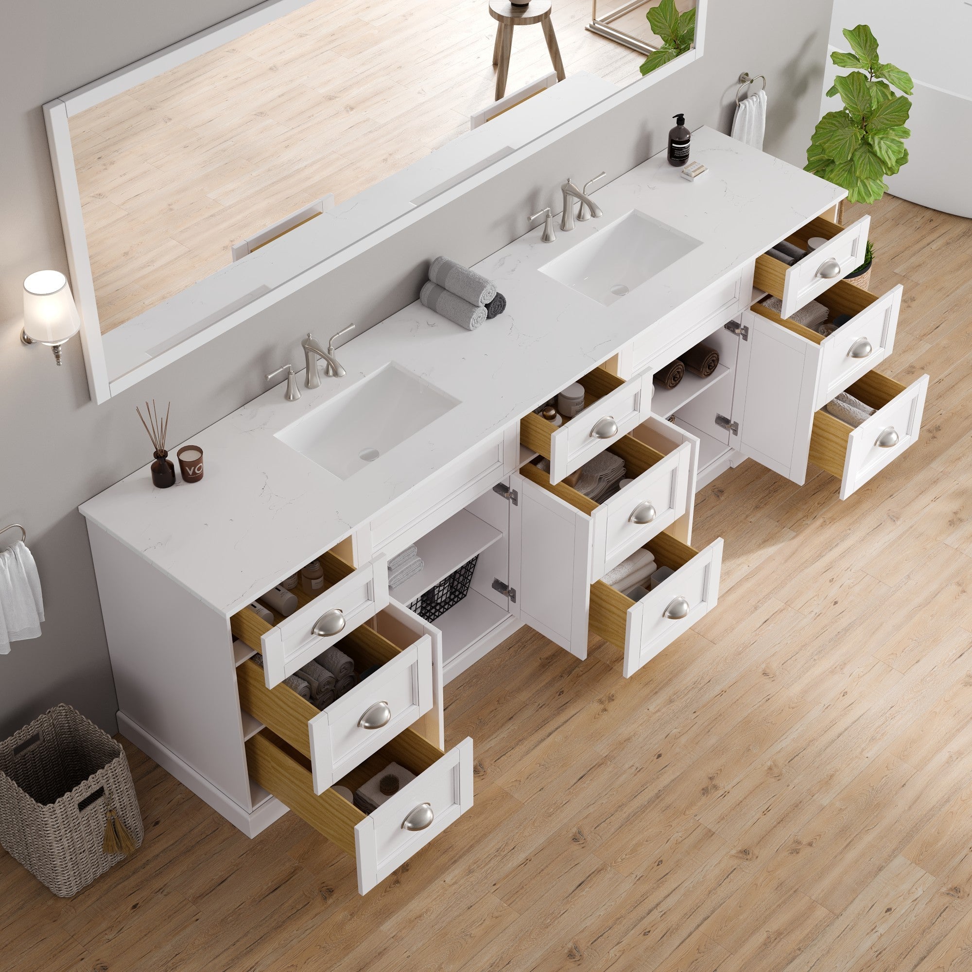 Epic 100 in. White Double Sink Bath Vanity with Carrara Quartz Top and Undermount Porcelain Sinks