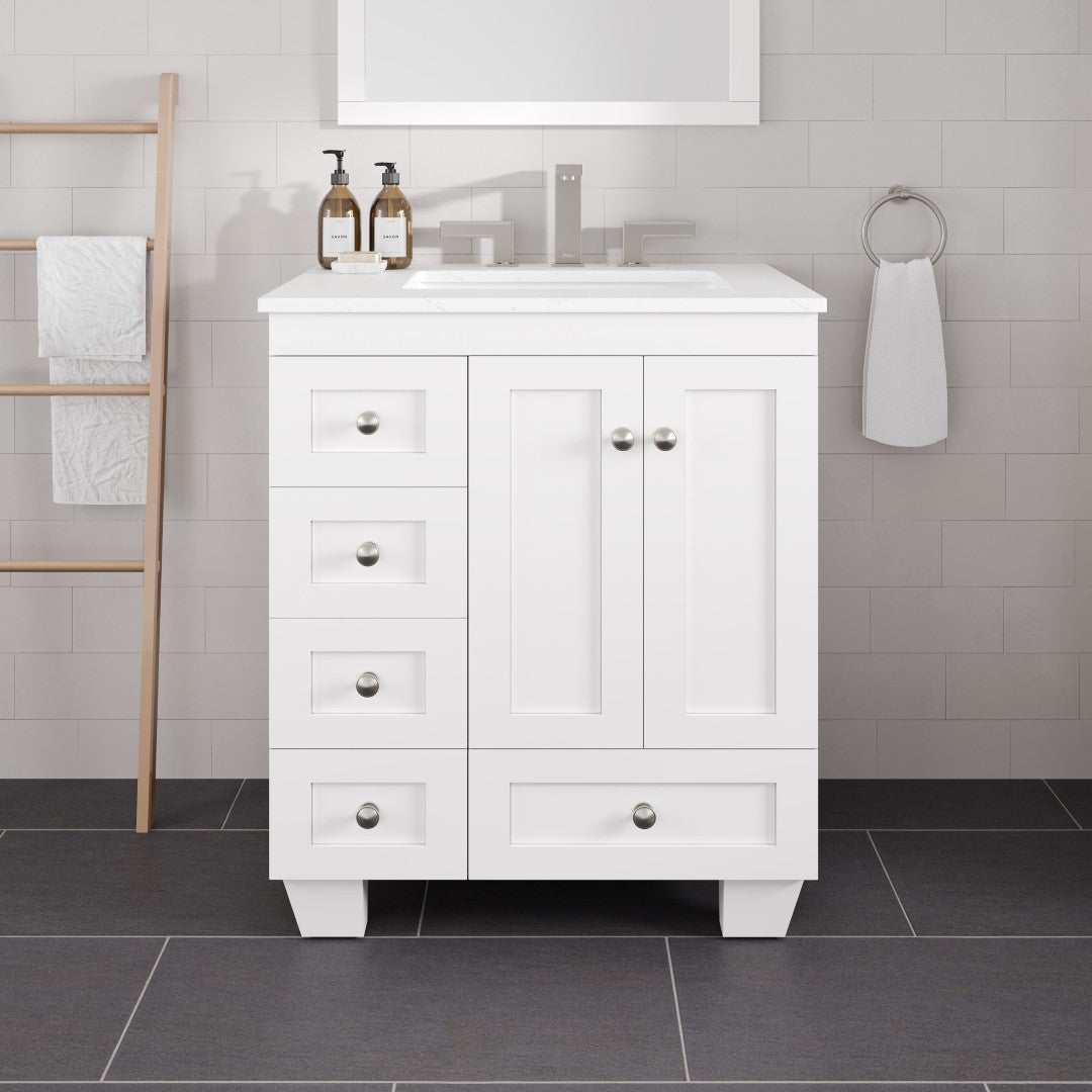 Acclaim 28 in. White Single Right Sink Bath Vanity with Carrara Quartz Top and Undermount Porcelain Sink