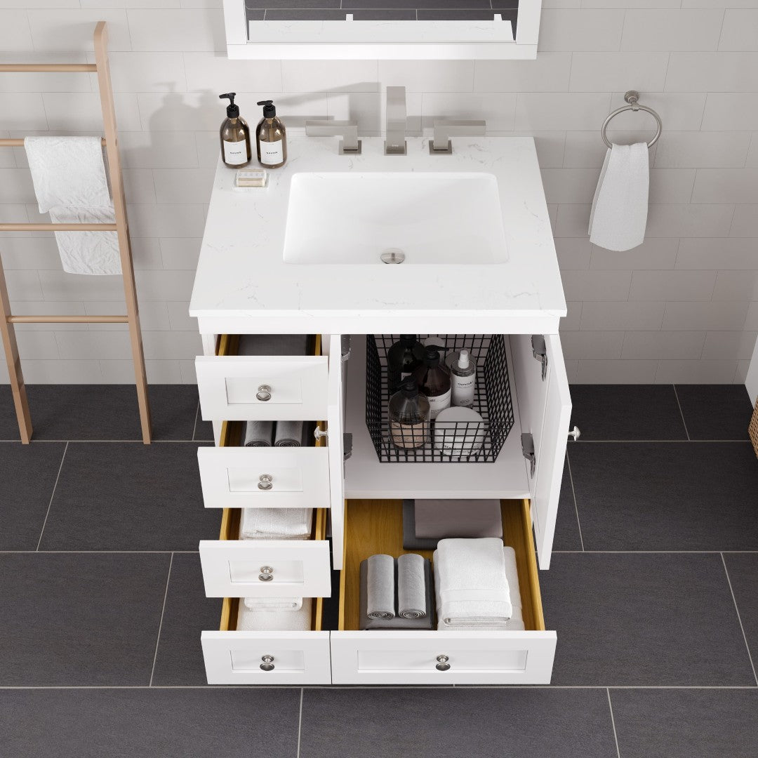 Acclaim 28 in. White Single Right Sink Bath Vanity with Carrara Quartz Top and Undermount Porcelain Sink