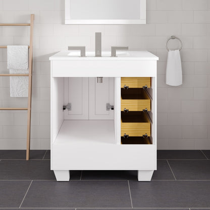 Acclaim 28 in. White Single Right Sink Bath Vanity with Carrara Quartz Top and Undermount Porcelain Sink