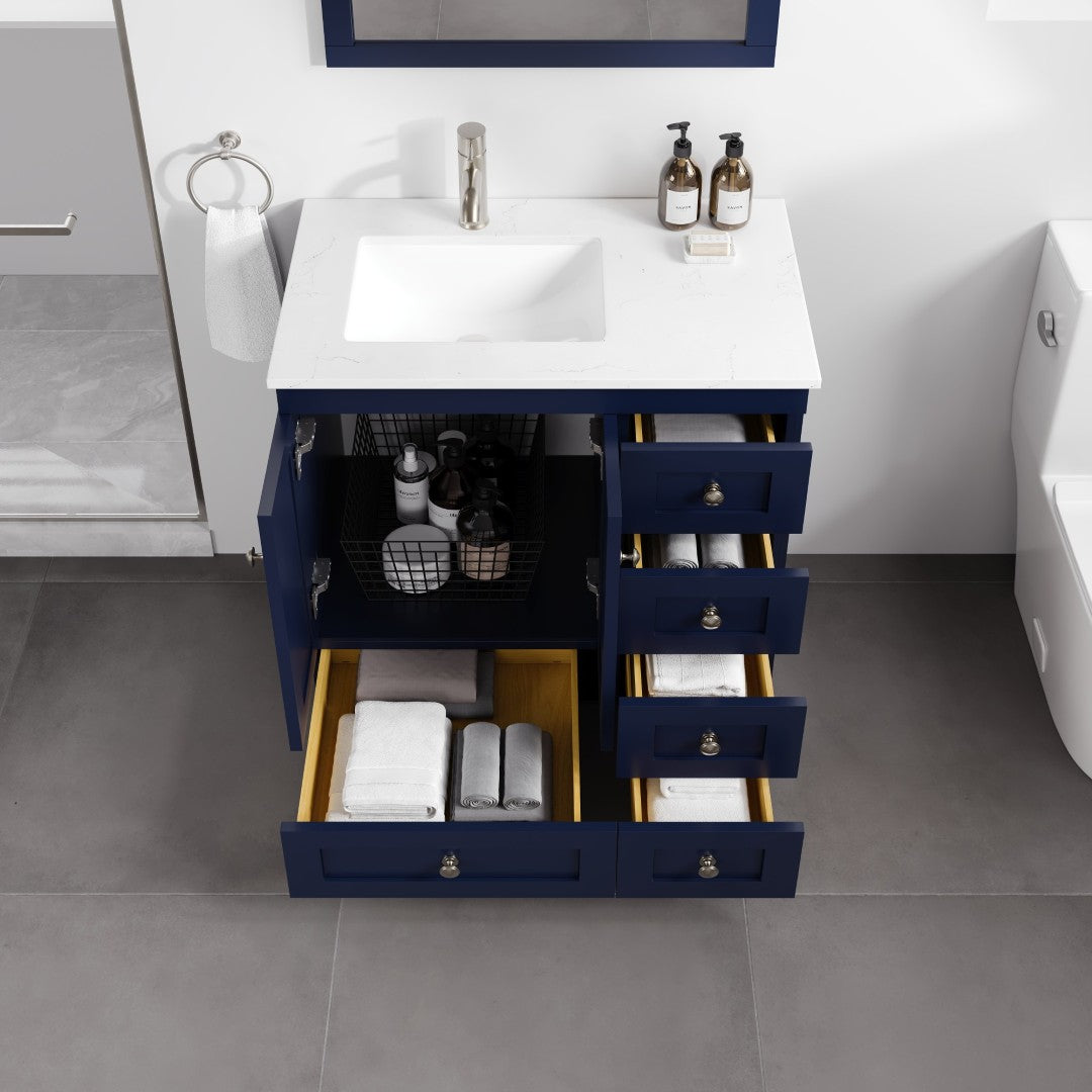 Happy 30 in. Blue Single Sink Bath Vanity with Carrara Quartz Top and Undermount Porcelain Sink