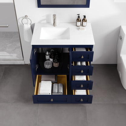 Happy 30 in. Blue Single Sink Bath Vanity with Carrara Quartz Top and Undermount Porcelain Sink