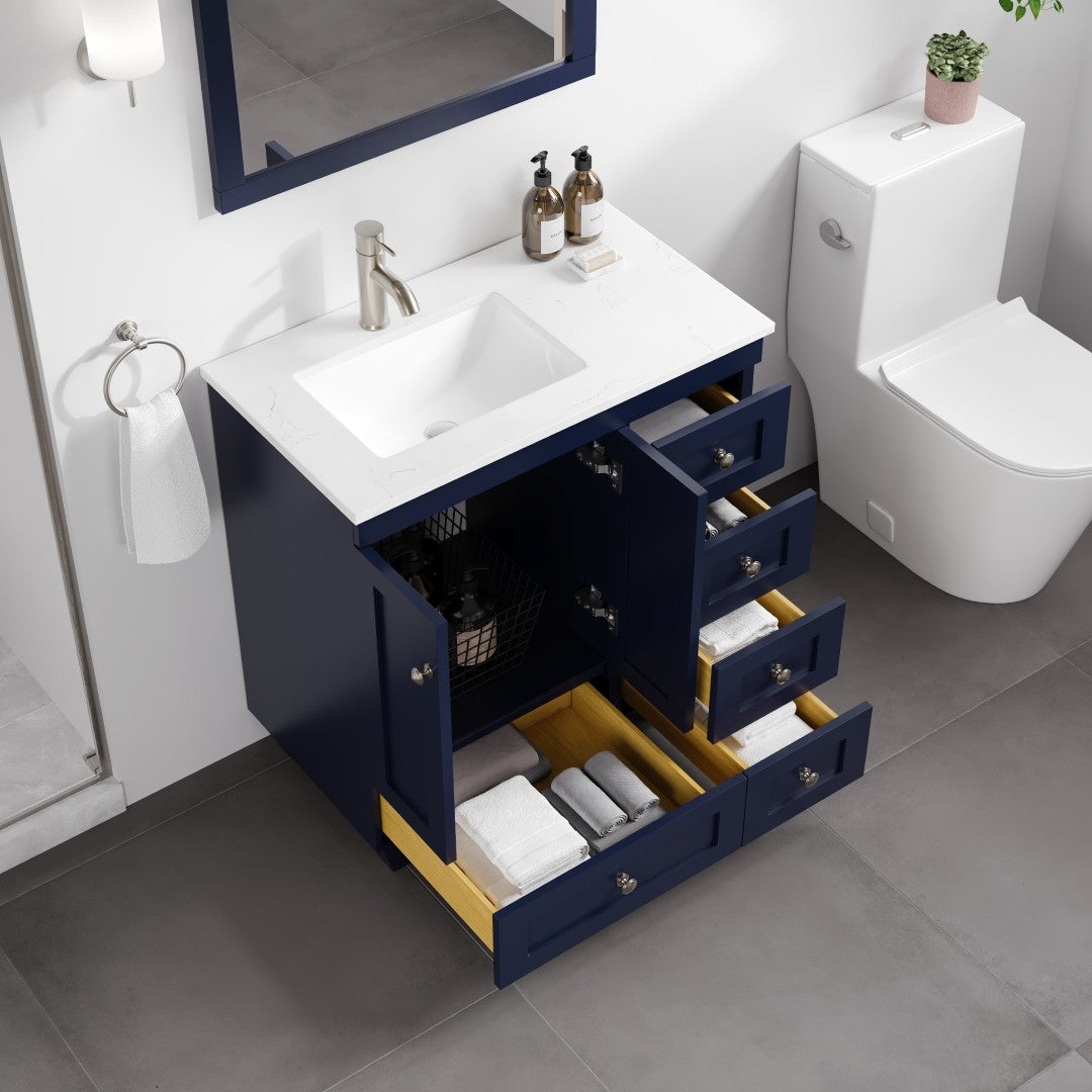 Happy 30 in. Blue Single Sink Bath Vanity with Carrara Quartz Top and Undermount Porcelain Sink