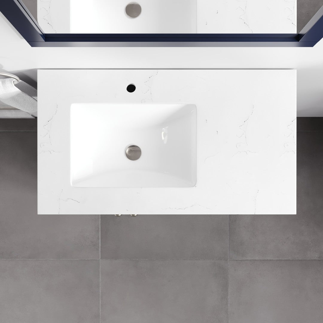 Happy 30 in. Blue Single Sink Bath Vanity with Carrara Quartz Top and Undermount Porcelain Sink