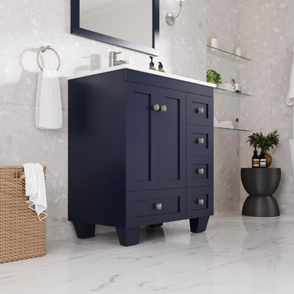 Happy 28 in. Blue Single Sink Bath Vanity with Carrara Quartz Top and Undermount Porcelain Sink