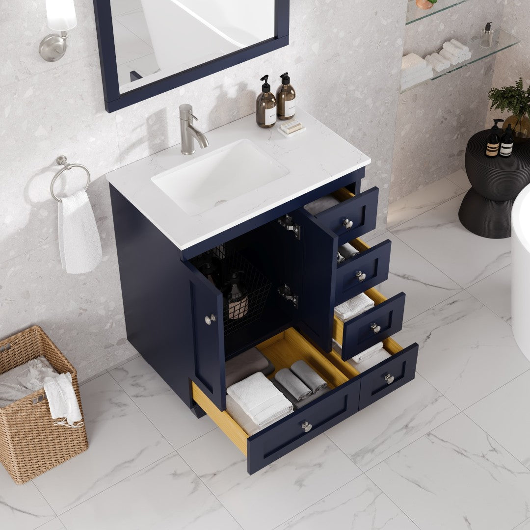 Happy 28 in. Blue Single Sink Bath Vanity with Carrara Quartz Top and Undermount Porcelain Sink