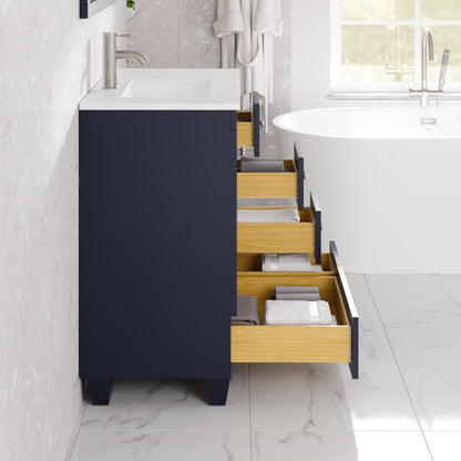 Happy 28 in. Blue Single Sink Bath Vanity with Carrara Quartz Top and Undermount Porcelain Sink