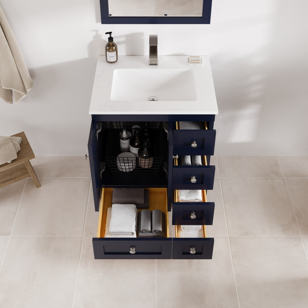 Happy 24 in. Blue Single Sink Bath Vanity with Carrara Quartz Top and Undermount Porcelain Sink