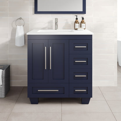 Loon 30 in. Blue Single Sink Bath Vanity with Carrara Quartz Top and Undermount Porcelain Sink