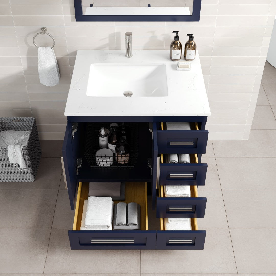 Loon 30 in. Blue Single Sink Bath Vanity with Carrara Quartz Top and Undermount Porcelain Sink