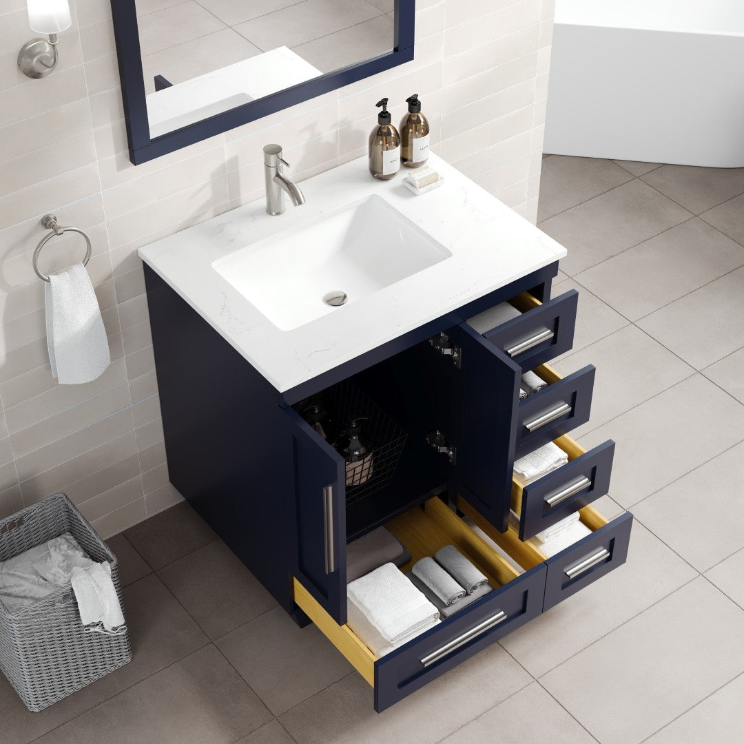Loon 30 in. Blue Single Sink Bath Vanity with Carrara Quartz Top and Undermount Porcelain Sink