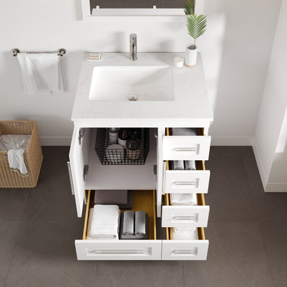 Loon 28 in. White Single Sink Bath Vanity with Carrara Quartz Top and Undermount Porcelain Sink
