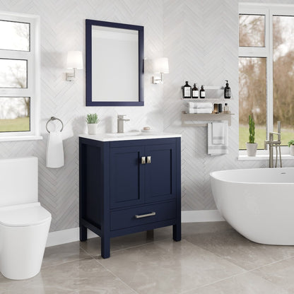London 30 in. Blue Single Sink Bath Vanity with Carrara Quartz Top and Undermount Porcelain Sink