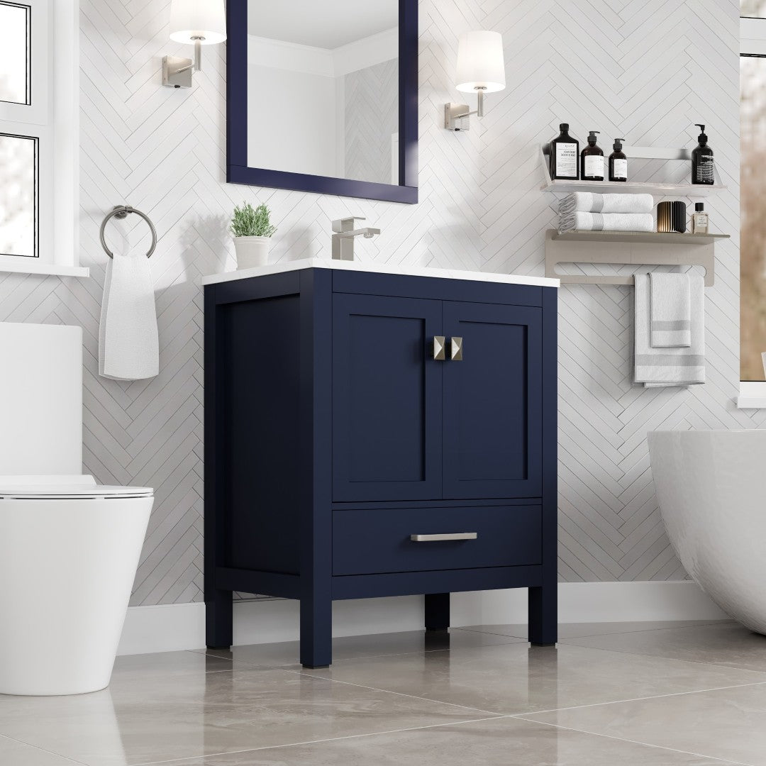 London 30 in. Blue Single Sink Bath Vanity with Carrara Quartz Top and Undermount Porcelain Sink