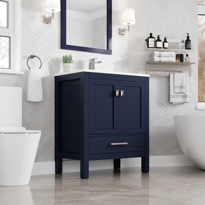 London 30 in. Blue Single Sink Bath Vanity with Carrara Quartz Top and Undermount Porcelain Sink