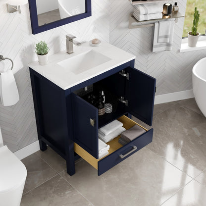 London 30 in. Blue Single Sink Bath Vanity with Carrara Quartz Top and Undermount Porcelain Sink