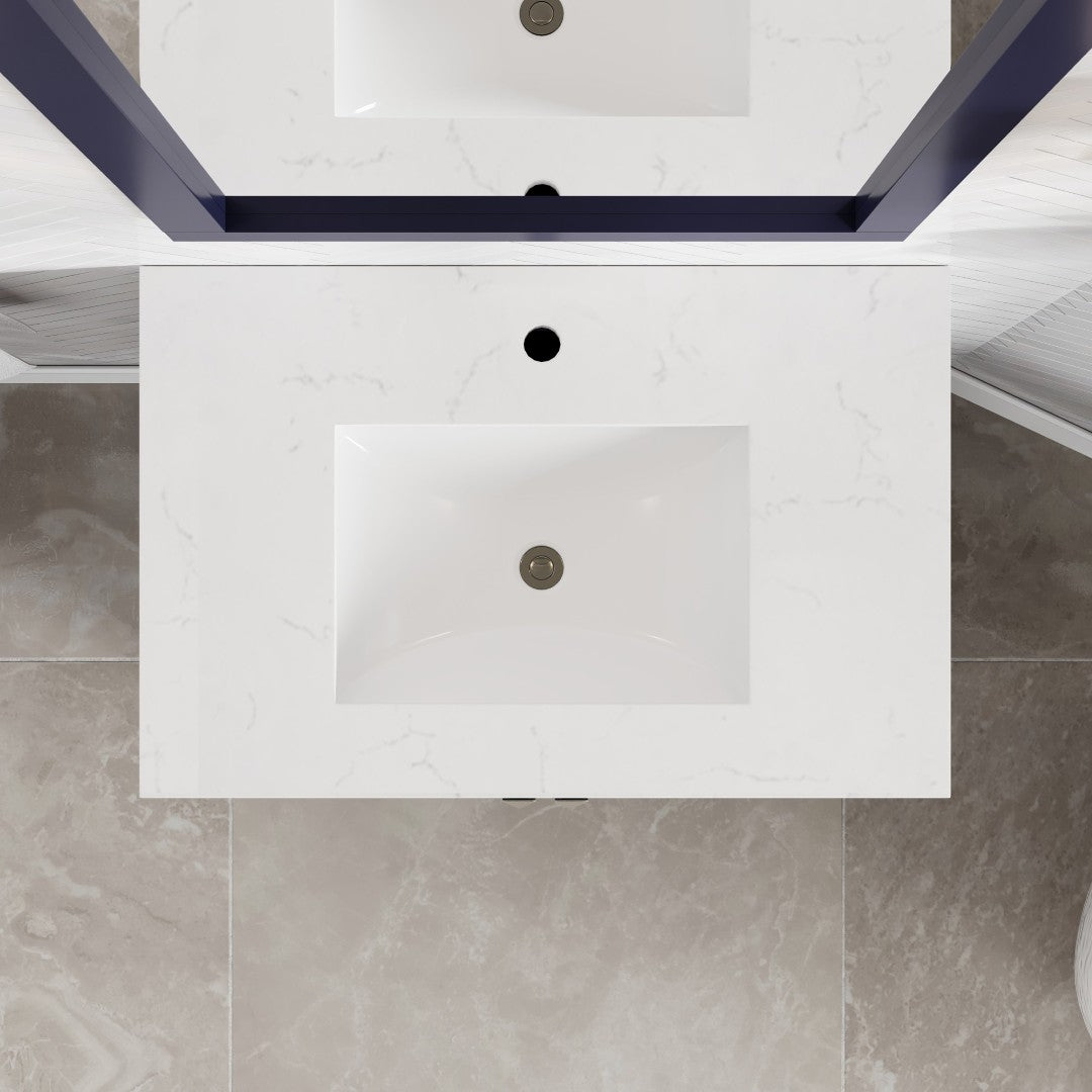 London 30 in. Blue Single Sink Bath Vanity with Carrara Quartz Top and Undermount Porcelain Sink
