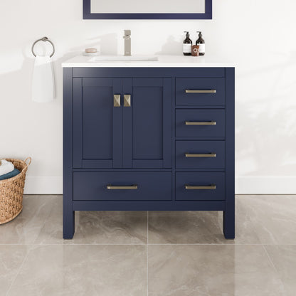 London 36 in. Blue Single Sink Bath Vanity with Carrara Quartz Top and Undermount Porcelain Sink