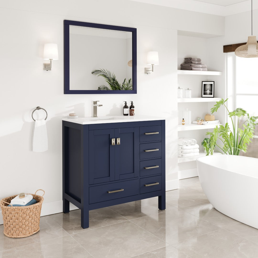 London 36 in. Blue Single Sink Bath Vanity with Carrara Quartz Top and Undermount Porcelain Sink