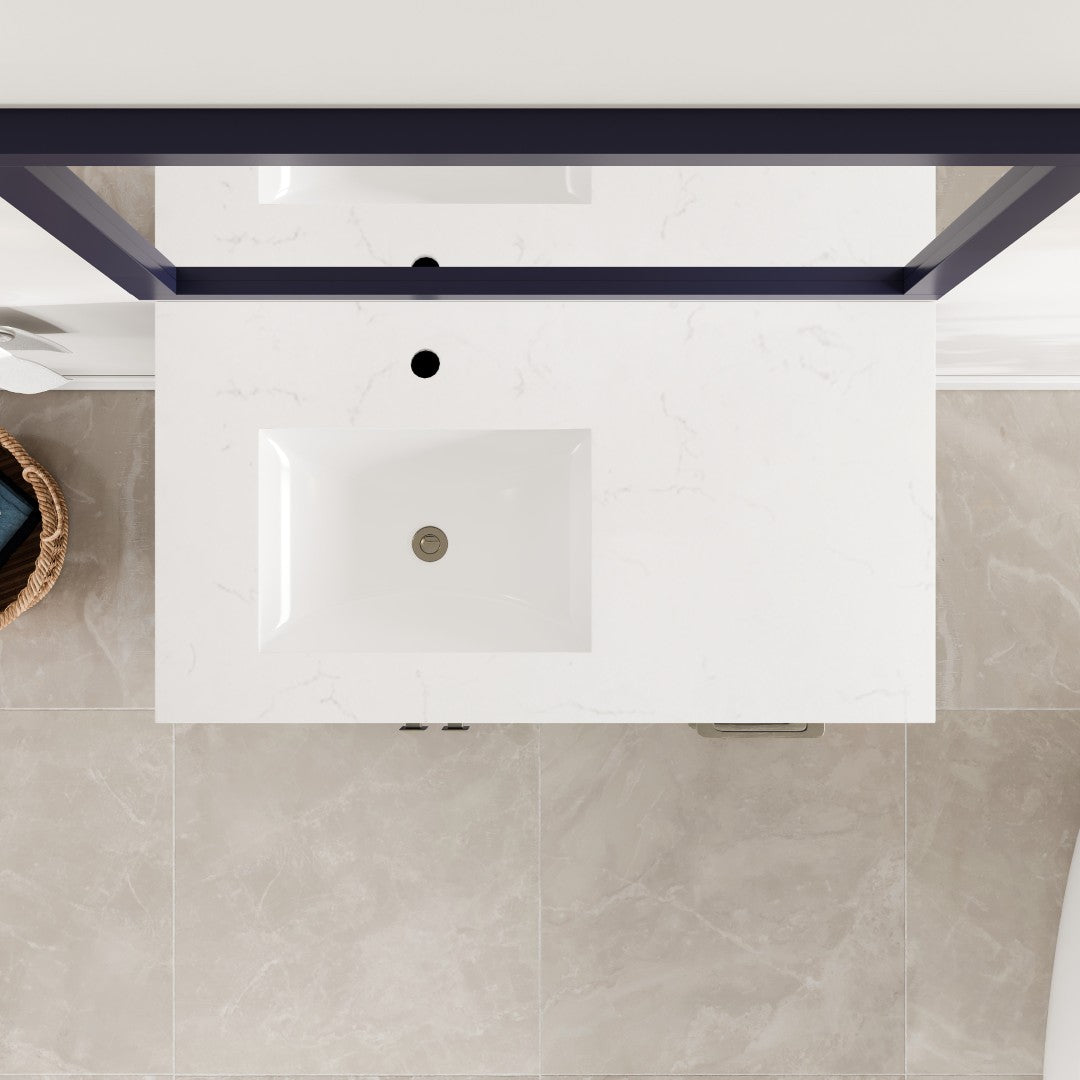 London 36 in. Blue Single Sink Bath Vanity with Carrara Quartz Top and Undermount Porcelain Sink