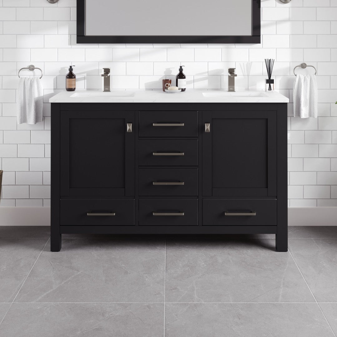 London 54 in. Espresso Double Sink Bath Vanity with Carrara Quartz Top and Undermount Porcelain Sinks