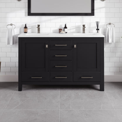 London 54 in. Espresso Double Sink Bath Vanity with Carrara Quartz Top and Undermount Porcelain Sinks
