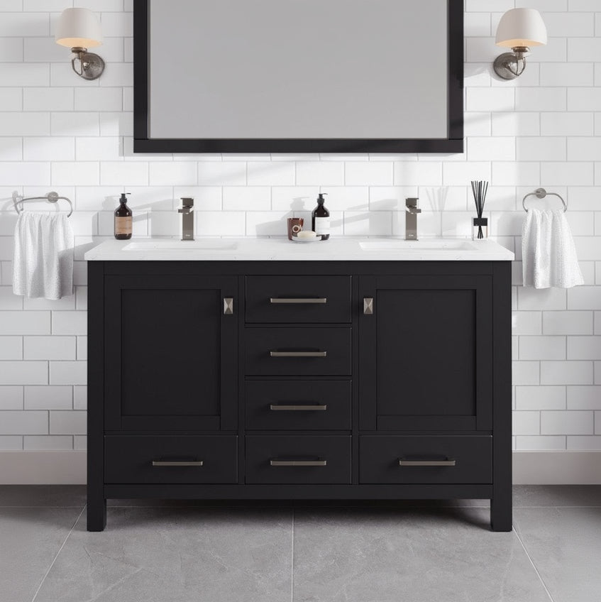 Black bathroom vanity with white countertop in a tiled bathroom