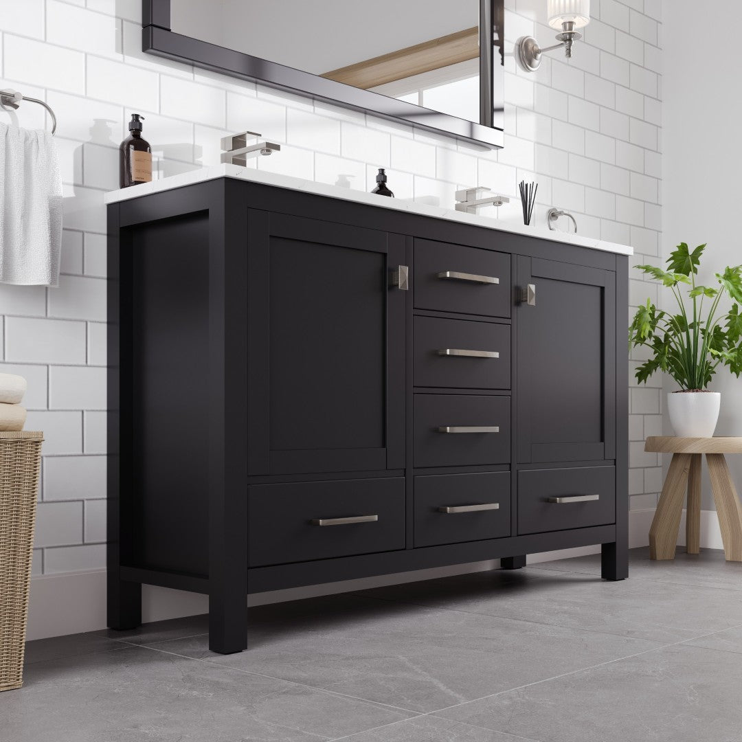 London 54 in. Espresso Double Sink Bath Vanity with Carrara Quartz Top and Undermount Porcelain Sinks