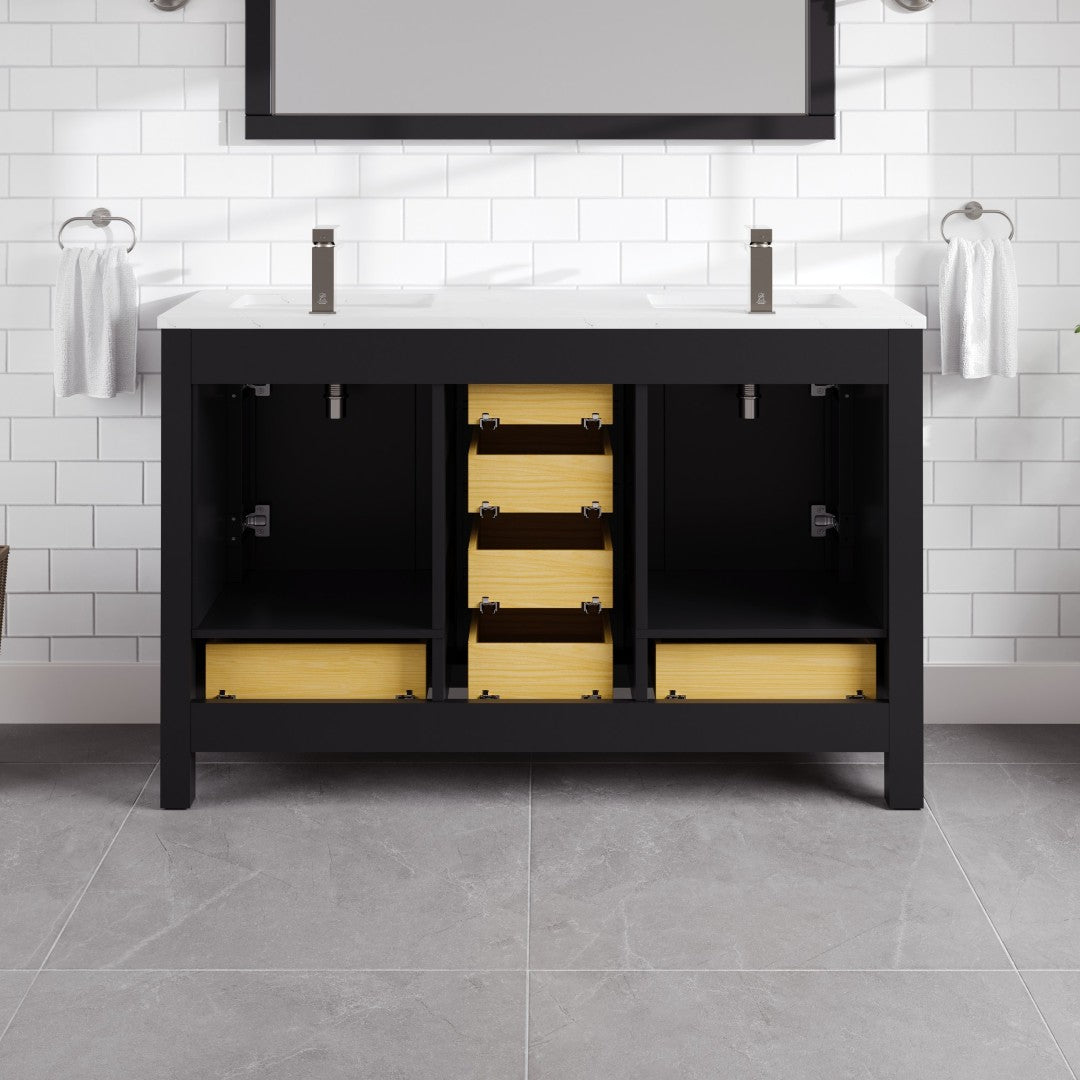 London 54 in. Espresso Double Sink Bath Vanity with Carrara Quartz Top and Undermount Porcelain Sinks