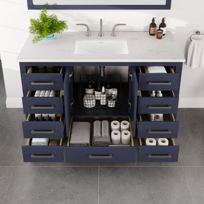 Aberdeen 42 in. Blue Single Sink Bath Vanity with Carrara Quartz Top and Undermount Porcelain Sink