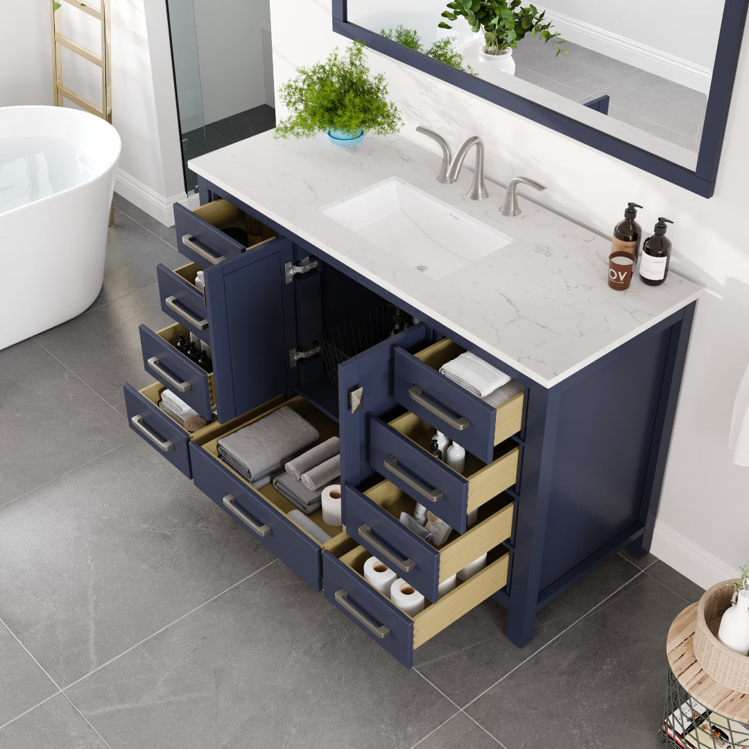 Aberdeen 42 in. Blue Single Sink Bath Vanity with Carrara Quartz Top and Undermount Porcelain Sink