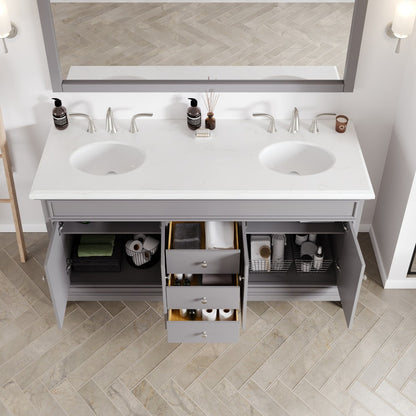 Elite Stamford 60 in. Gray Double Sink Bath Vanity with Carrara Quartz Top and Undermount Porcelain Sinks