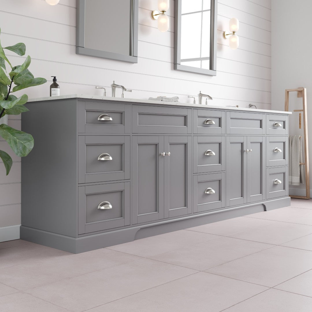 Epic 96 in. Gray Double Sink Bath Vanity with Carrara Quartz Top and Undermount Porcelain Sinks