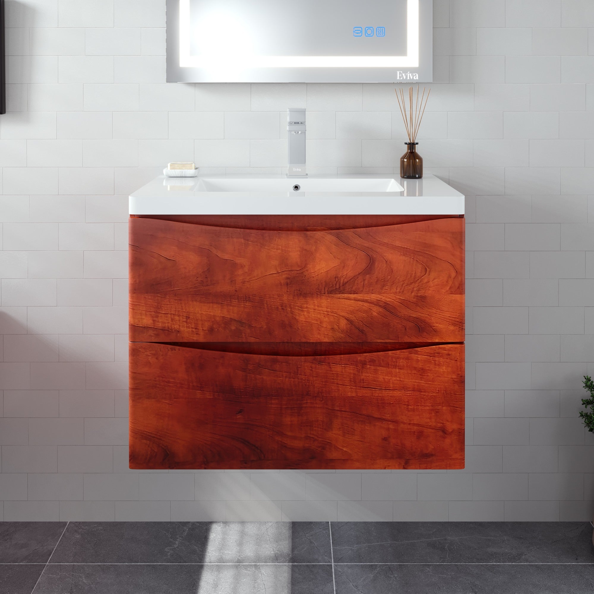Smile 30 in. Walnut Wall Mount Single Sink Bath Vanity with Acrylic Top and Integrated Sink