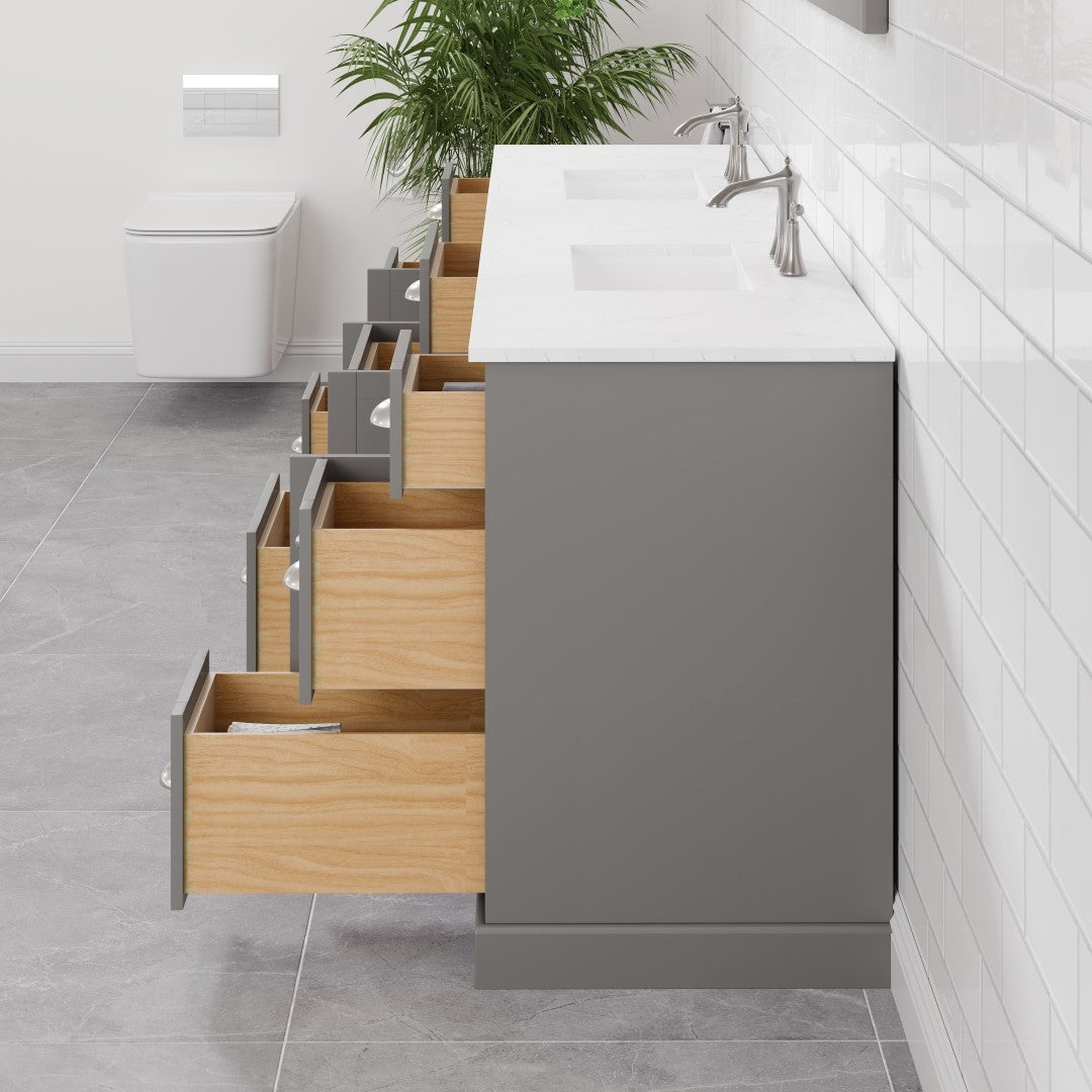 Epic 84 in. Gray Double Sink Bath Vanity with Carrara Quartz Top and Undermount Porcelain Sinks