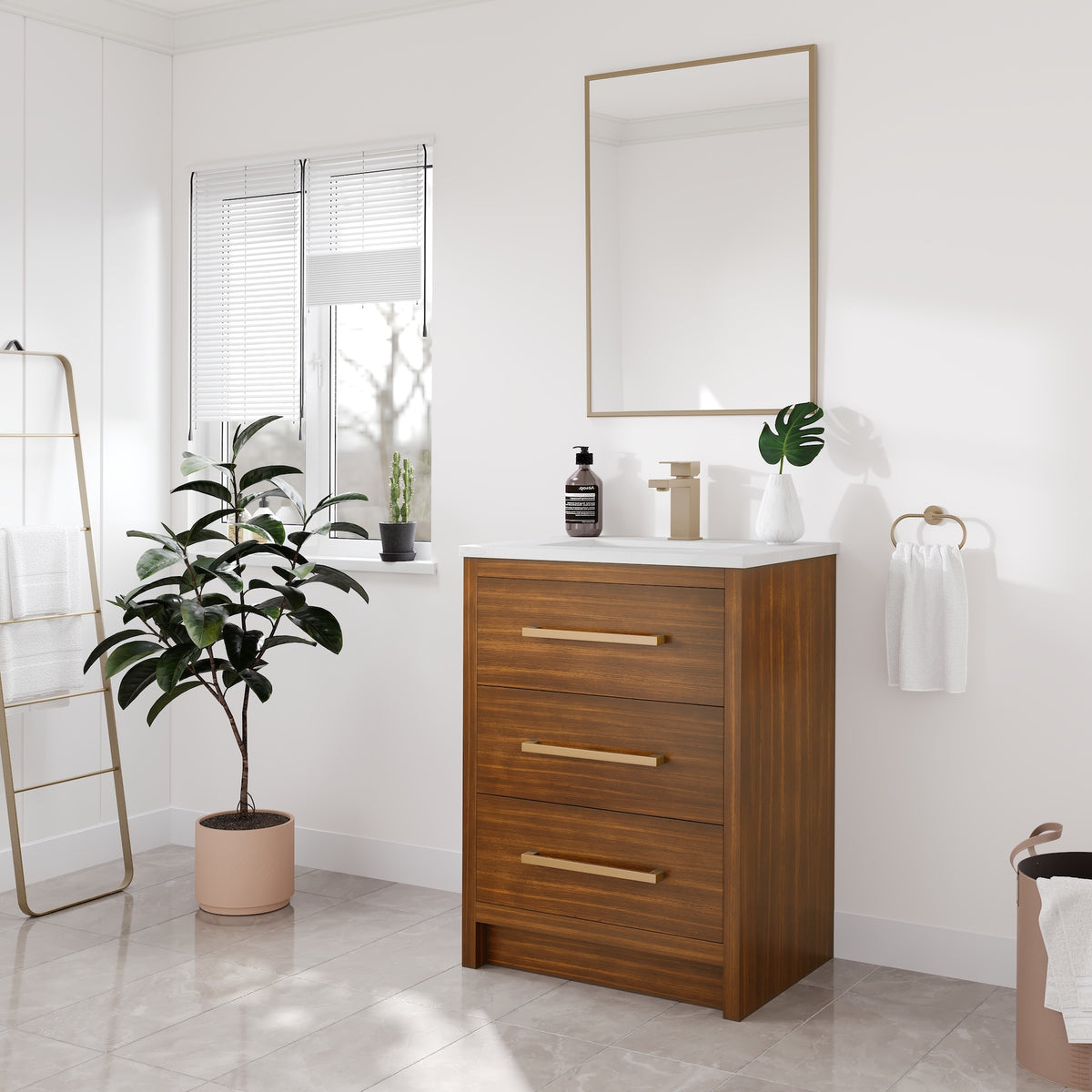 Curio 26 in. Walnut Single Sink Bath Vanity with Arabescato Engineered Stone Top and Undermount Porcelain Sink - Bathroom Vanity by Eviva