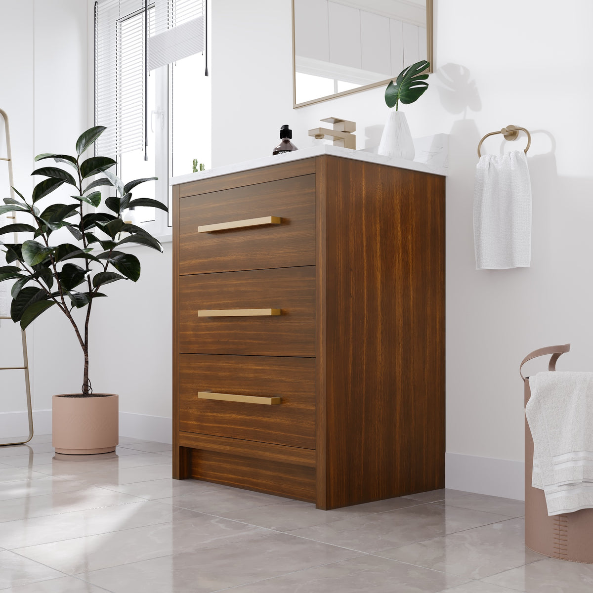 Curio 26 in. Walnut Single Sink Bath Vanity with Arabescato Engineered Stone Top and Undermount Porcelain Sink - Bathroom Vanity by Eviva