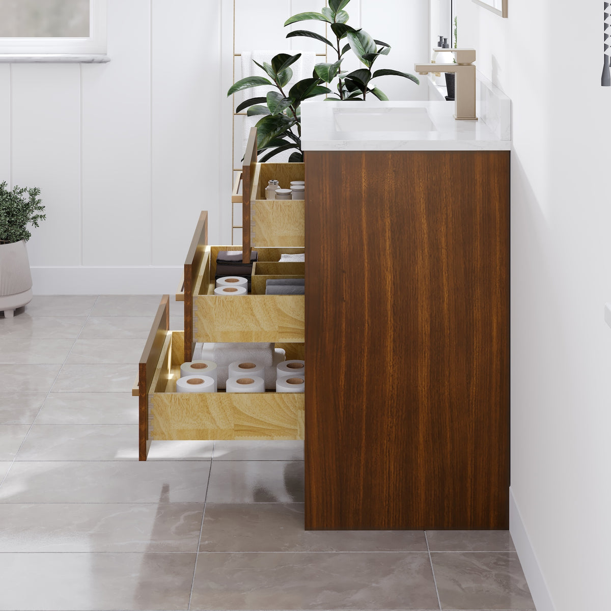 Curio 26 in. Walnut Single Sink Bath Vanity with Arabescato Engineered Stone Top and Undermount Porcelain Sink - Bathroom Vanity by Eviva